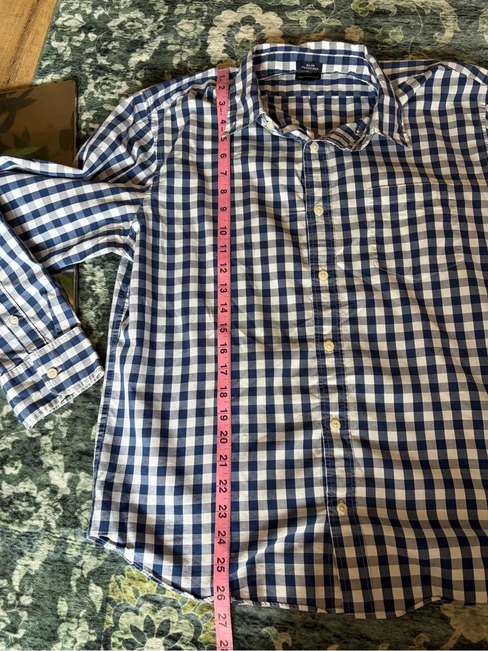 J. Crew Men’s Navy Gingham Plaid Slim Untucked Performance Button Down Shirt
